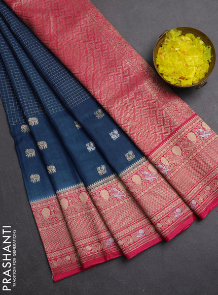 Semi mysore silk saree peacock blue and pink with allover silver & gold zari woven buttas and zari woven border