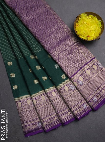 Semi mysore silk saree bottle green and purple with allover silver & gold zari woven buttas and zari woven border