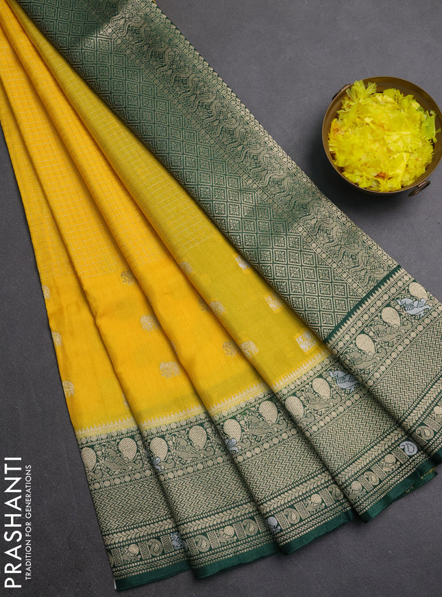 Semi mysore silk saree yellow and dark green with allover silver & gold zari woven buttas and zari woven border