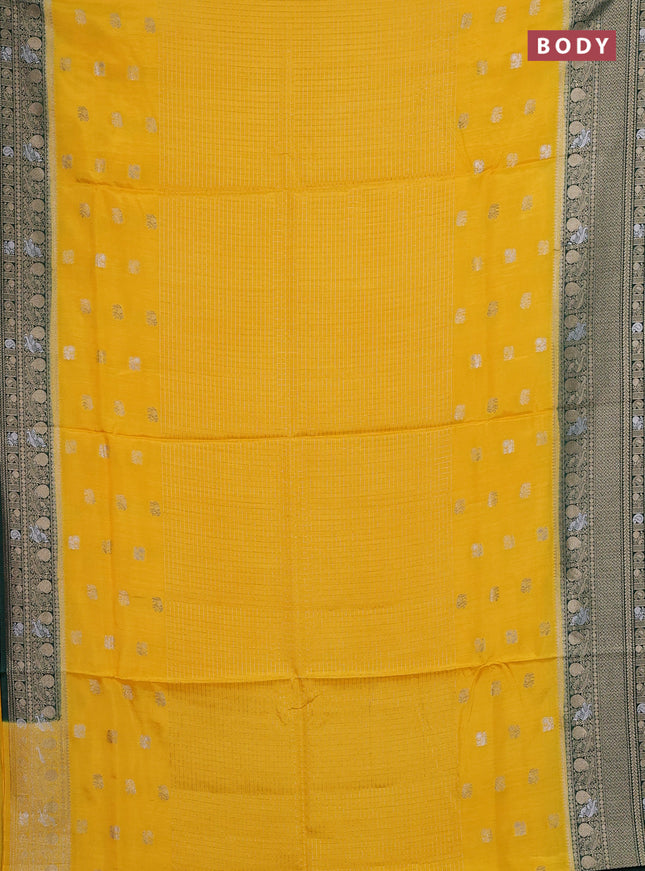 Semi mysore silk saree yellow and dark green with allover silver & gold zari woven buttas and zari woven border