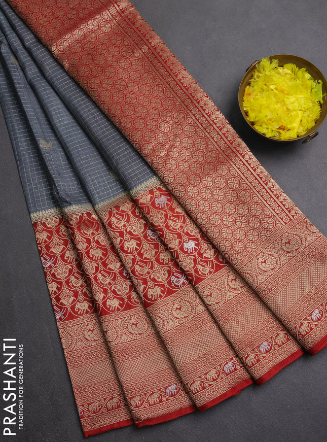Semi mysore silk saree grey and maroon with allover small zari checks & buttas and long zari woven border