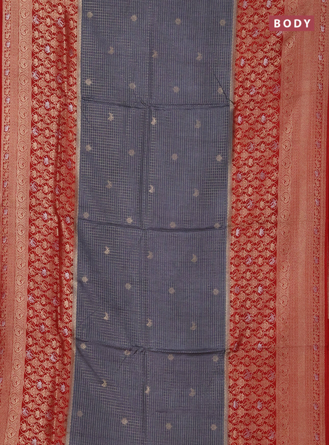 Semi mysore silk saree grey and maroon with allover small zari checks & buttas and long zari woven border