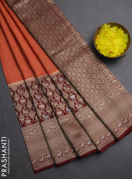 Semi mysore silk saree rustic orange and deep maroon with allover small zari checks & buttas and long zari woven border