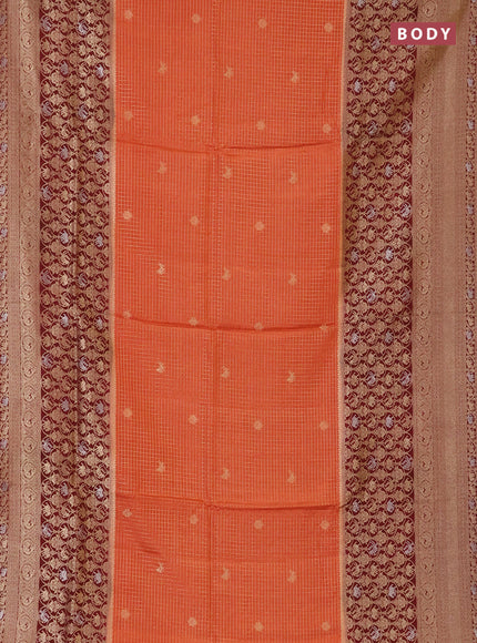 Semi mysore silk saree rustic orange and deep maroon with allover small zari checks & buttas and long zari woven border