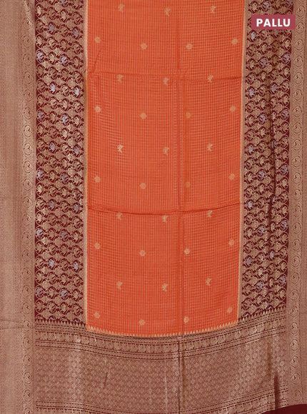Semi mysore silk saree rustic orange and deep maroon with allover small zari checks & buttas and long zari woven border