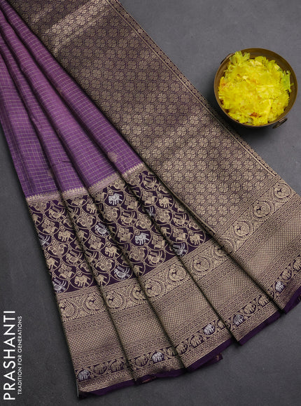 Semi mysore silk saree pastel purple and deep violet with allover small zari checks & buttas and long zari woven border