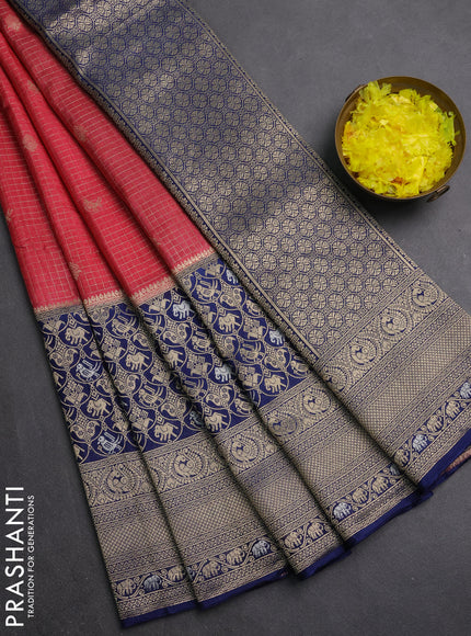 Semi mysore silk saree dark peach and blue with allover small zari checks & buttas and long zari woven border