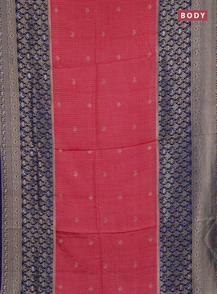 Semi mysore silk saree dark peach and blue with allover small zari checks & buttas and long zari woven border
