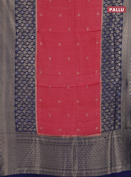 Semi mysore silk saree dark peach and blue with allover small zari checks & buttas and long zari woven border