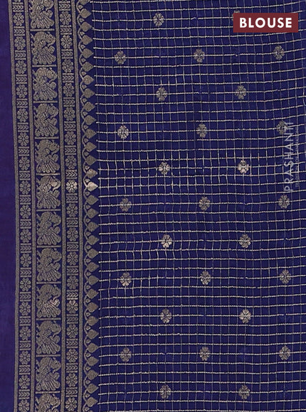 Semi mysore silk saree dark peach and blue with allover small zari checks & buttas and long zari woven border