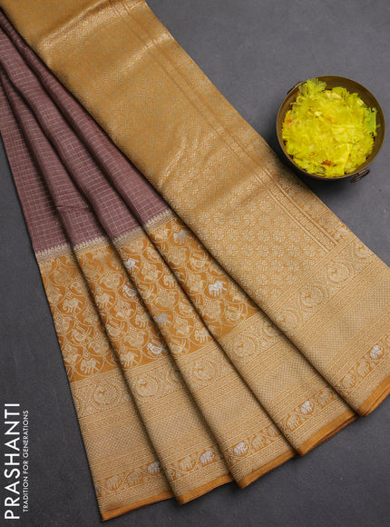 Semi mysore silk saree pastel brown and yellow with allover small zari checks & buttas and long zari woven border