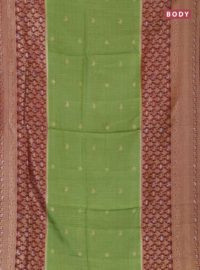 Semi mysore silk saree green and deep maroon with allover small zari checks & buttas and long zari woven border