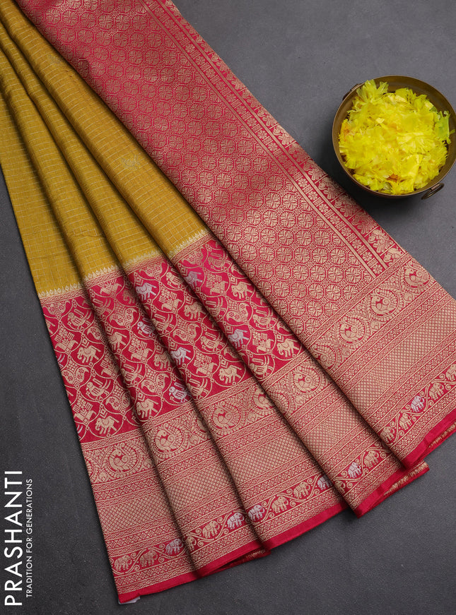 Semi mysore silk saree mustard yellow and pink with allover small zari checks & buttas and long zari woven border