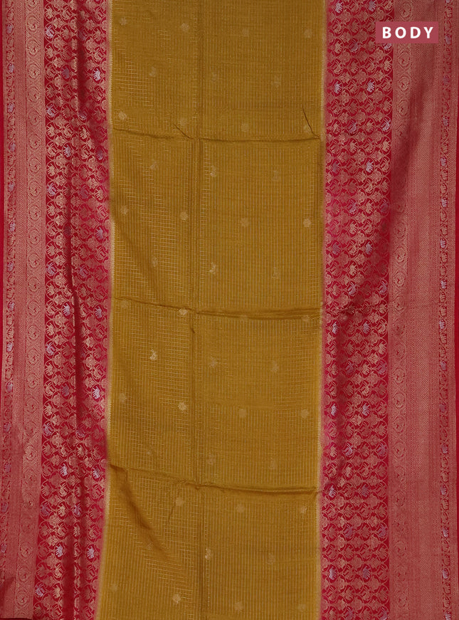 Semi mysore silk saree mustard yellow and pink with allover small zari checks & buttas and long zari woven border