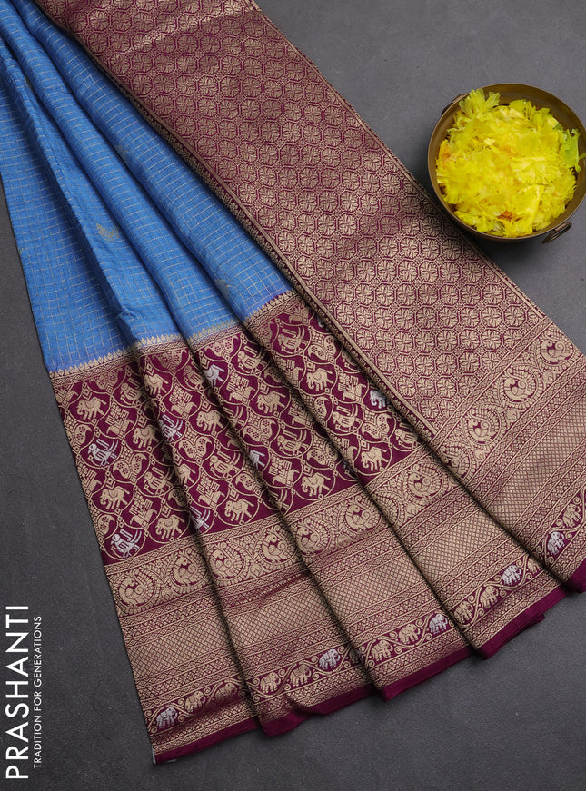 Semi mysore silk saree pastel blue and purple with allover small zari checks & buttas and long zari woven border