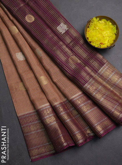 Semi mysore silk saree pastel brown and wine shade with allover small zari checks & buttas and long zari woven border