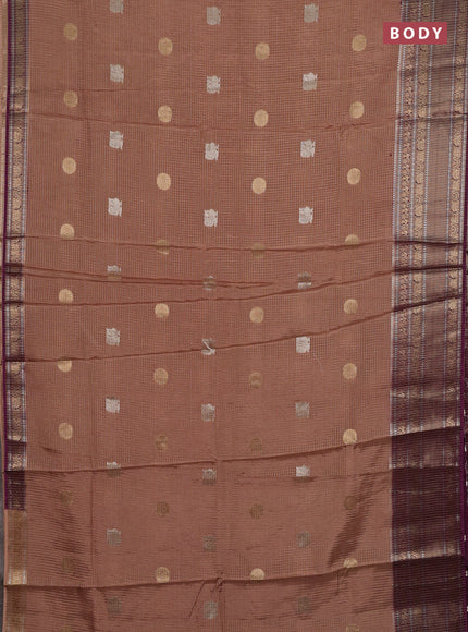 Semi mysore silk saree pastel brown and wine shade with allover small zari checks & buttas and long zari woven border