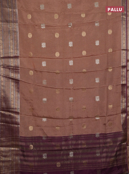 Semi mysore silk saree pastel brown and wine shade with allover small zari checks & buttas and long zari woven border