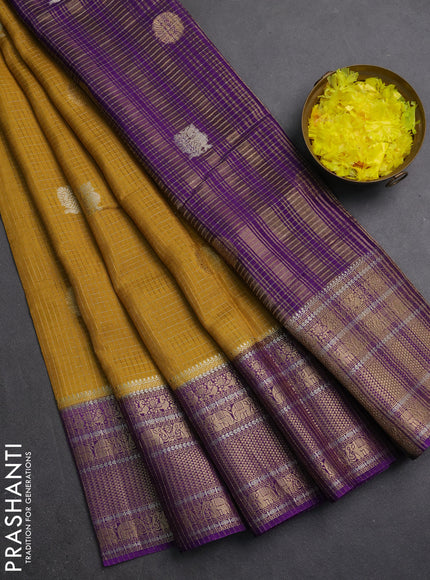 Semi mysore silk saree mustard yellow and violet with allover small zari checks & buttas and long zari woven border
