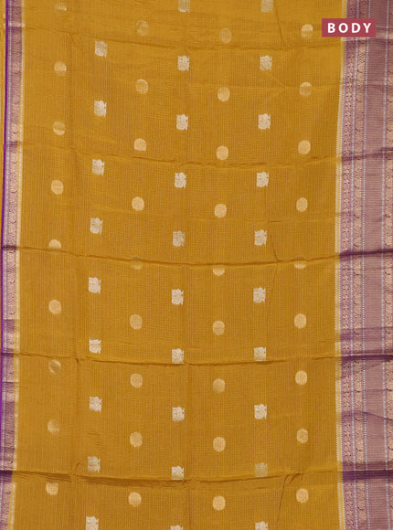 Semi mysore silk saree mustard yellow and violet with allover small zari checks & buttas and long zari woven border
