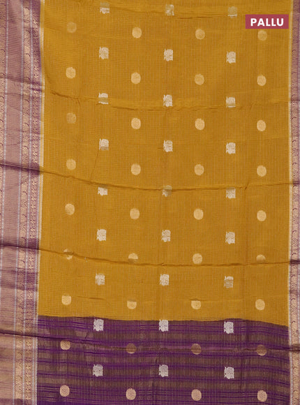 Semi mysore silk saree mustard yellow and violet with allover small zari checks & buttas and long zari woven border