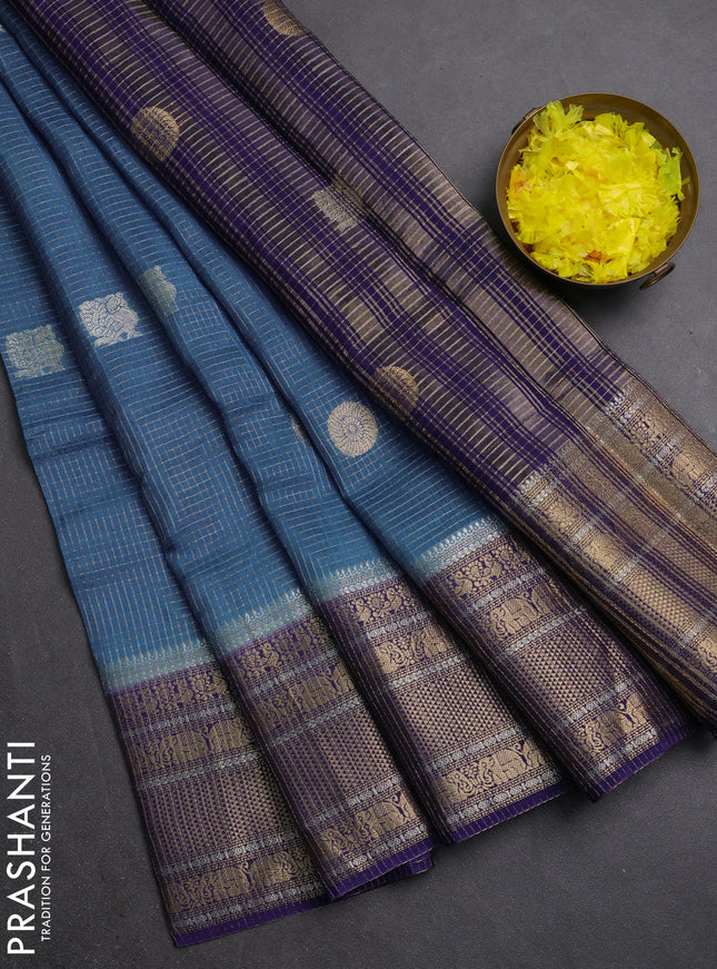 Semi mysore silk saree pastel blue and blue with allover small zari checks & buttas and long zari woven border