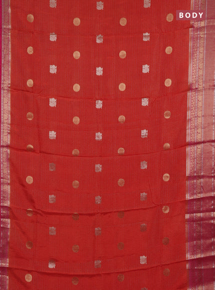 Semi mysore silk saree orange and pink with allover small zari checks & buttas and long zari woven border