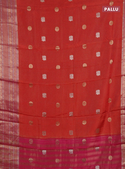 Semi mysore silk saree orange and pink with allover small zari checks & buttas and long zari woven border