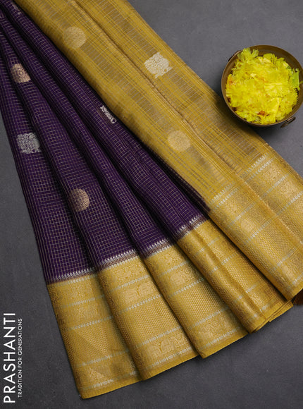 Semi mysore silk saree deep violet and mustard yellow with allover small zari checks & buttas and long zari woven border