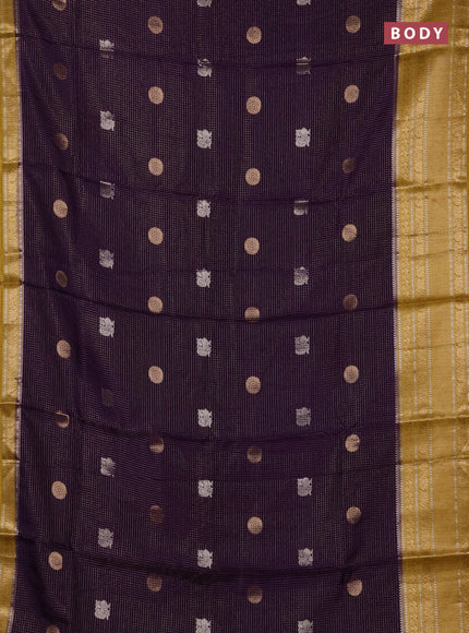 Semi mysore silk saree deep violet and mustard yellow with allover small zari checks & buttas and long zari woven border