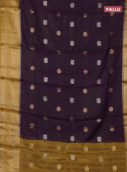 Semi mysore silk saree deep violet and mustard yellow with allover small zari checks & buttas and long zari woven border
