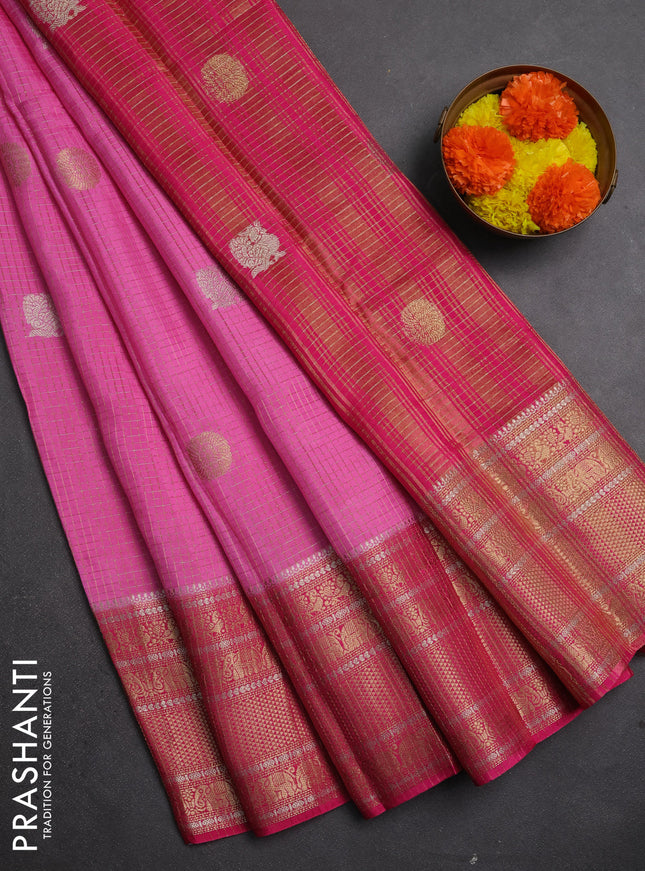 Semi mysore silk saree light pink and pink with allover small zari checks & buttas and long zari woven border