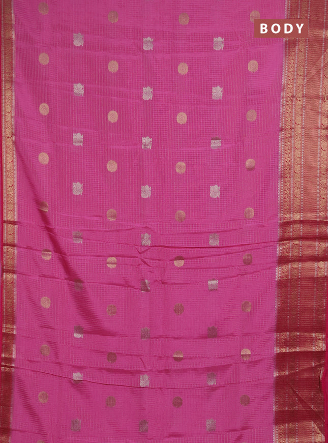 Semi mysore silk saree light pink and pink with allover small zari checks & buttas and long zari woven border