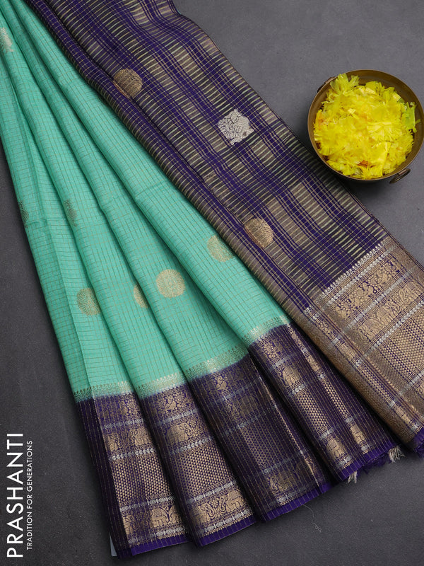 Semi mysore silk saree teal green and blue with allover small zari checks & buttas and long zari woven border