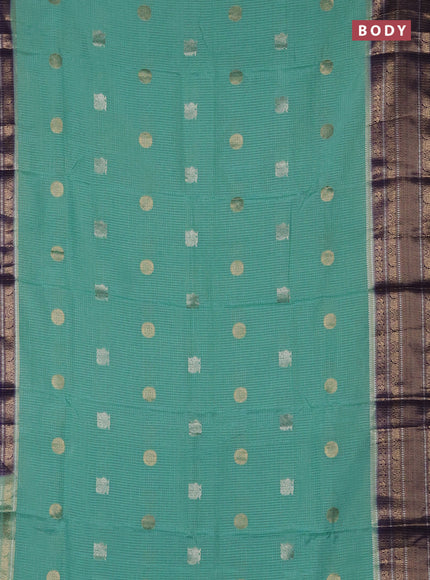 Semi mysore silk saree teal green and blue with allover small zari checks & buttas and long zari woven border