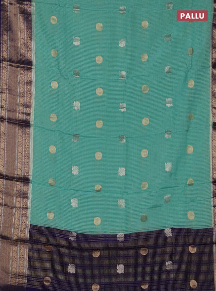 Semi mysore silk saree teal green and blue with allover small zari checks & buttas and long zari woven border