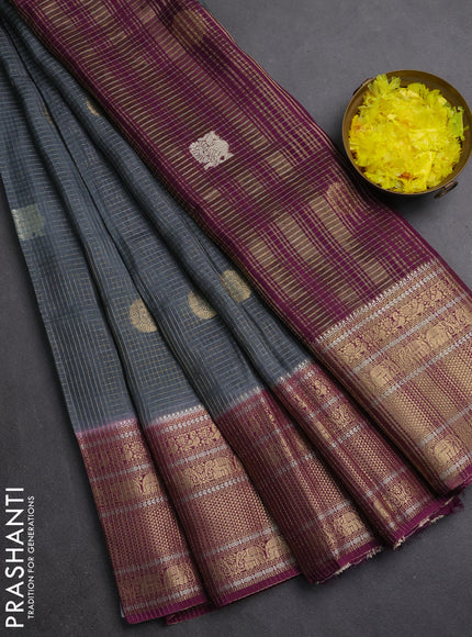 Semi mysore silk saree grey and wine shade with allover small zari checks & buttas and long zari woven border