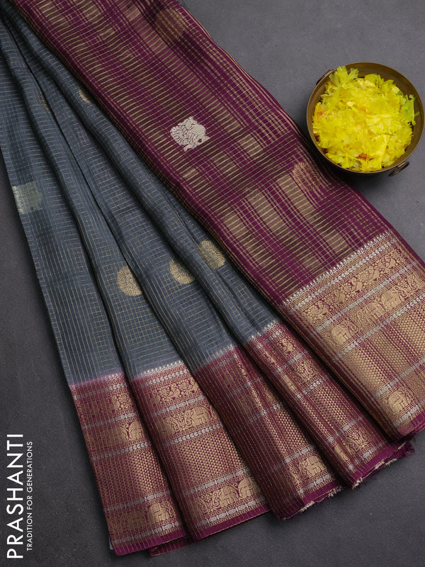 Semi mysore silk saree grey and wine shade with allover small zari checks & buttas and long zari woven border