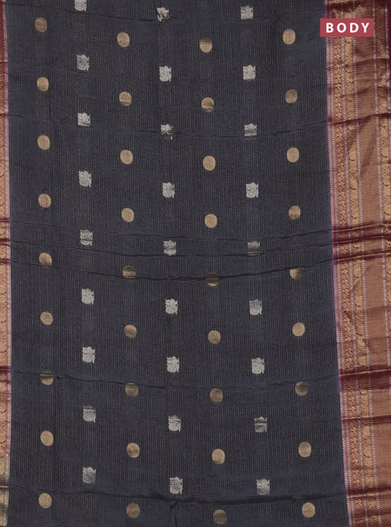 Semi mysore silk saree grey and wine shade with allover small zari checks & buttas and long zari woven border