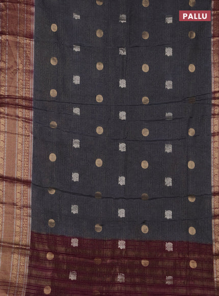 Semi mysore silk saree grey and wine shade with allover small zari checks & buttas and long zari woven border