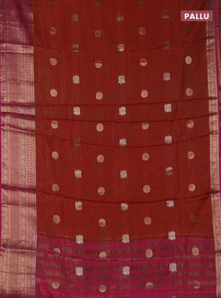 Semi mysore silk saree rustic orange and pink with allover small zari checks & buttas and long zari woven border