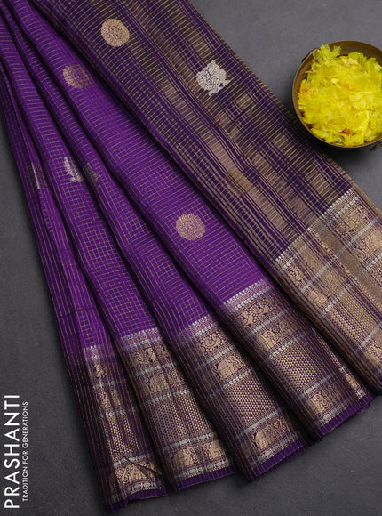 Semi mysore silk saree violet with allover small zari checks & buttas and long zari woven border