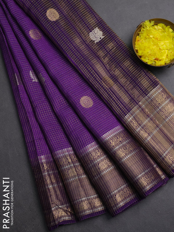 Semi mysore silk saree violet with allover small zari checks & buttas and long zari woven border