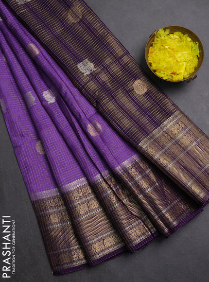 Semi mysore silk saree lavender and violet with allover small zari checks & buttas and long zari woven border