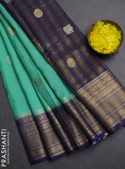 Semi mysore silk saree teal green shade and blue with allover small zari checks & buttas and long zari woven border