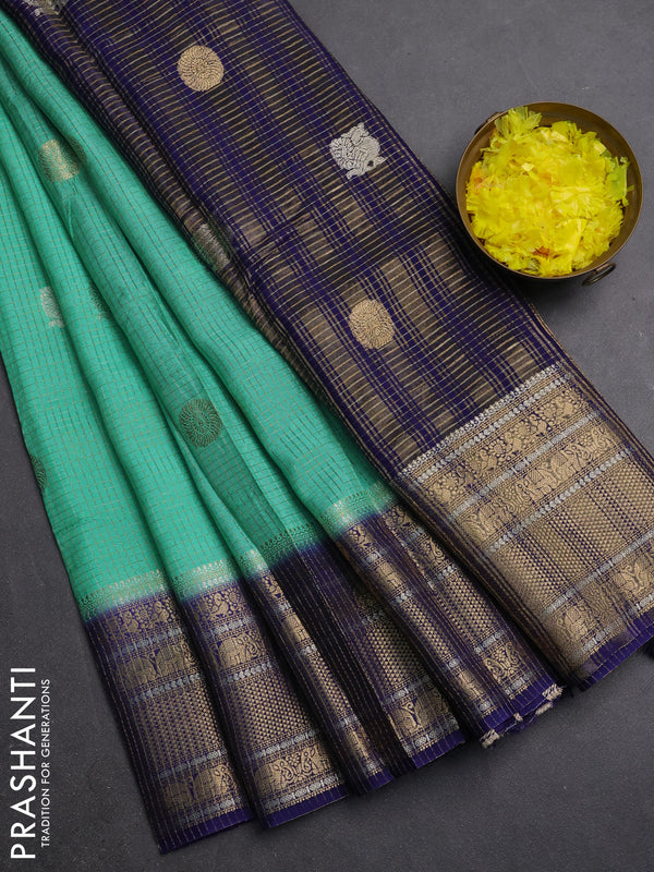 Semi mysore silk saree teal green shade and blue with allover small zari checks & buttas and long zari woven border