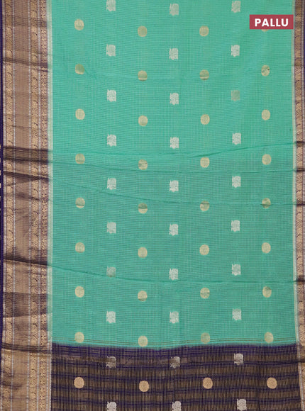 Semi mysore silk saree teal green shade and blue with allover small zari checks & buttas and long zari woven border