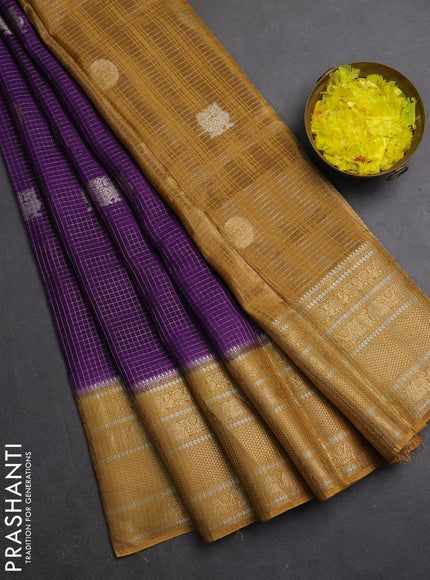 Semi mysore silk saree purple and dark mustard with allover small zari checks & buttas and long zari woven border