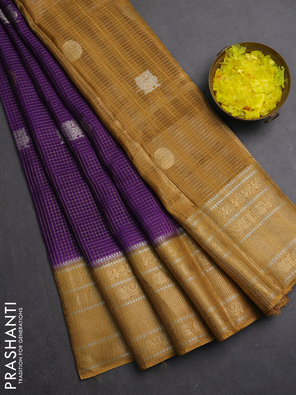 Semi mysore silk saree purple and dark mustard with allover small zari checks & buttas and long zari woven border