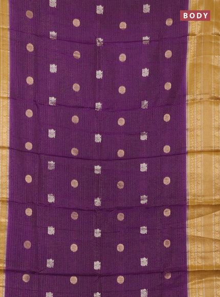 Semi mysore silk saree purple and dark mustard with allover small zari checks & buttas and long zari woven border